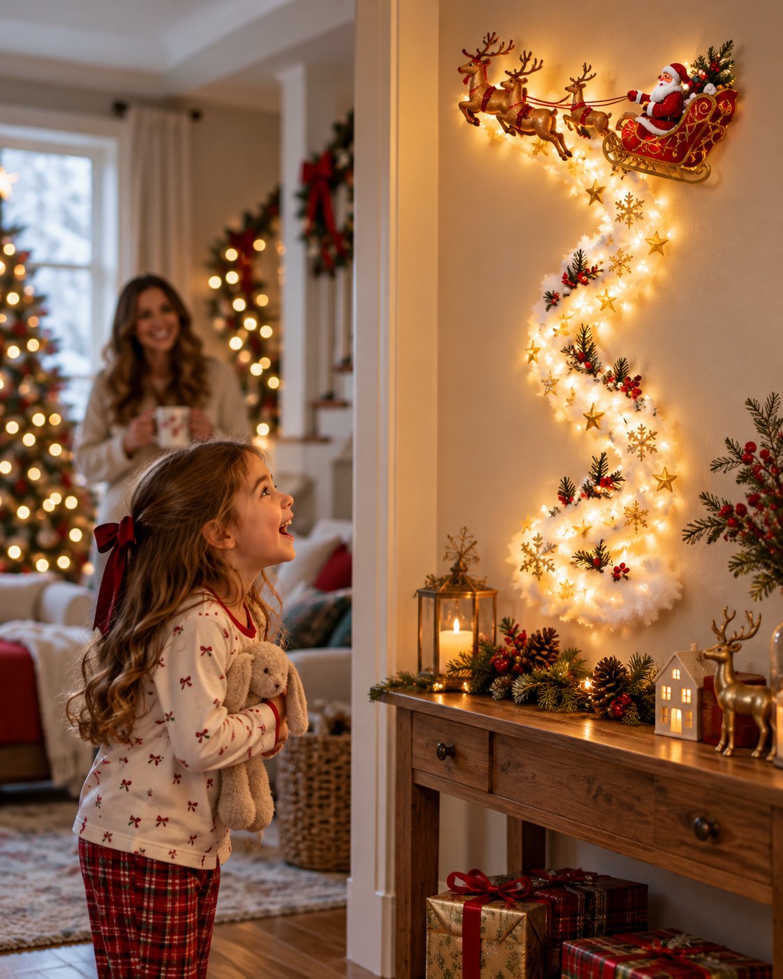 A little girl gazing up at a glowing Santa sleigh wall light