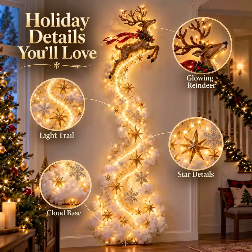 Golden reindeer wall light details: glowing star and warm lights