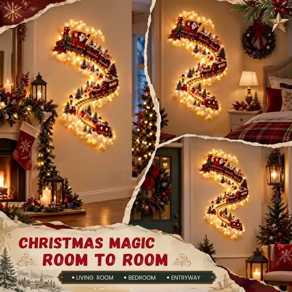 Christmas train wall light shown in a bedroom, living room and hallway