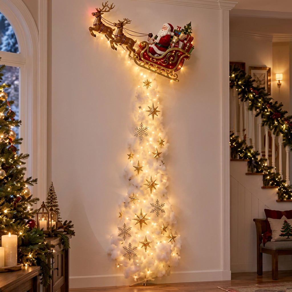 Santa sleigh wall light glowing on a wall next to a Christmas tree and staircase