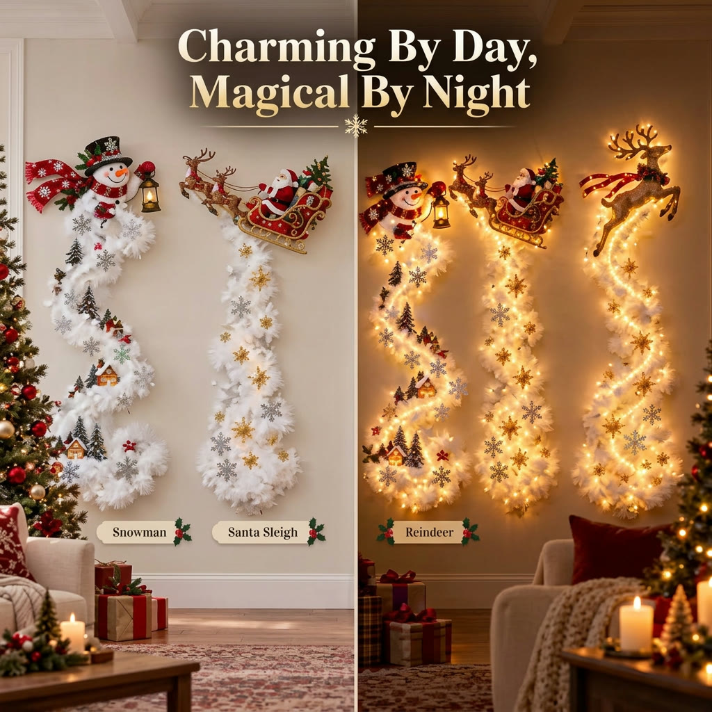 Snowman, Santa sleigh and reindeer wall lights by day and glowing at night